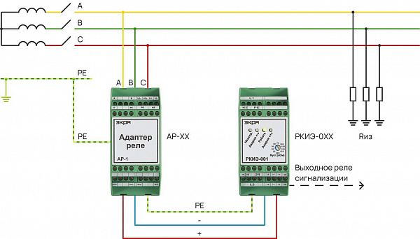 Пример схемы подключения реле РКИЭ-0ХХ для контроля эквивалентного сопротивления фаз сети переменного тока с изолированной нейтралью относительно «земли»